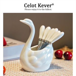 Luxury 304 Stainless Steel Swan Shaped Fruit Fork Set and Ceramic Storage Can