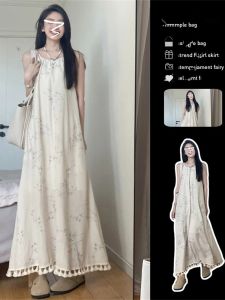Retro Chinese Floral Print Halter Dress Women Summer 2024 Tassel French Style Vacation Vibes Neck Hanging Long Gown