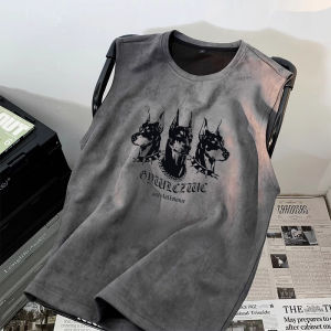American High Street Suede Vest Men Summer New Loose Sports Casual Shoulder T-Shirt Vest No Sleeve Polyester Fiber round Neck
