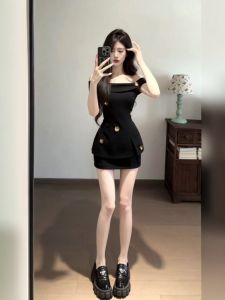 CHANGTONG | Elegant and Sophisticated Audrey Hepburn Style Black Off-Shoulder Top and Skirt Set