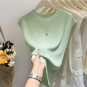 Blue Basic Style Shoulder Short Sleeve Knitwear T-shirt Womens Ice Silk Thin Summer Flying Sleeve Loose Waistcoat Top