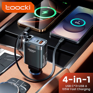 Toocki | Toocki 4 IN 1 Retractable Car Charger 105W Mobile Phone Charger Type C Cable For iPhone 16 15 Fast Charge Cord Cigarette Adapter