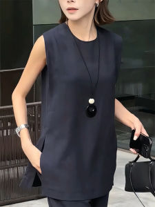 QINGNAER | Aging Reduction Elegance Loose Slimming Solid Color Slit Sleeveless Shirt for Women