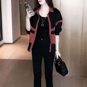 Korean Fashion Color Block Design Loose Long Sleeve Womens Jacket Autumn New Style Elegant Versatile Mom Shirt Polo Collar Button up