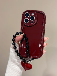 Burgundy Wavy Phone Case with Heart Charm Beaded Wrist Strap for iPhone 16 15 14 13 Pro Max Cover
