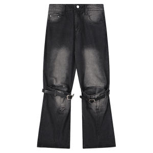 Retro American High เอว ผู้หญิง กางเกงยีนส์ Faded Washed Belt Splicing Tear ดีไซน์ ขากว้างตรง ความยาวพื้น กางเกง