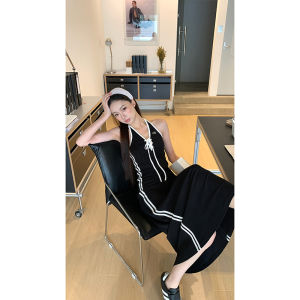 French Style Halter Waist A-Line Maxi Dress Black
