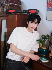 Zhang Linghe White Short Sleeve Cotton T-Shirt Mens Summer Heavyweight Cleanfit Small Collar Shoulder Width Half Sleeve