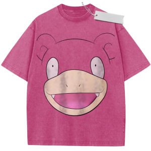 Bandai | 2026 Summer Mens Beige Washed T - Shirt Pokemon Slowpoke Big Face High - Quality Fabric for Casual Shopping