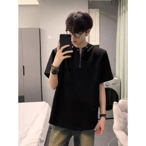 American Style High Street Rivet Design Shoulder Padded Short Sleeve T-Shirt Mens Summer CleanFit Heavyweight Zipper Detail