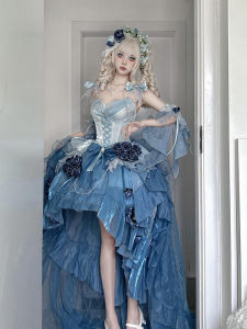 Adult Ceremony Undersea Blue Flower Wedding Dress Lolita Skirt Heavy Work Elegant Style JSK Train Princess Dress