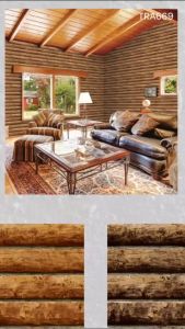 Wallpaper Dinding Motif Kayu Bundar Panjang Log Cabin Cokelat / Walpaper Vinyl Murah Ruang Tamu