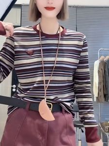 เสื้อยืดแขนยาวแบบบาง ผู้หญิง แฟชั่น ลำลอง เสื้อยืดลายทาง ฤดูใบไม้ร่วง Dervo สไตล์ใหม่ โพลีเอสเตอร์ ประเภทท่อตรงไฟเบอร์ เสื้อท่อนบน