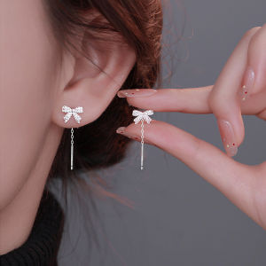 YICAN | Delicate Bow Zircon Fringe Stud Earrings 925 Sterling Silver