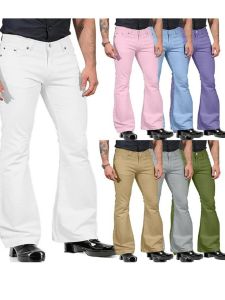 Mens Solid Color Casual Bell Bottoms Straight Leg Long Pants Polyester Fiber Breathable Youthful Style Four Seasons Universal