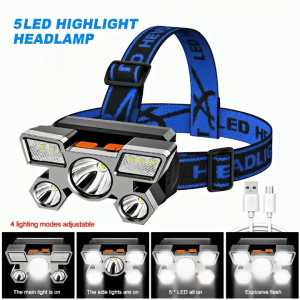 Senter LED Super Terang 5 Lampu IPX4 200 Meter 4 Mode Cahaya Senter Kepala / Senter LED Super TerangSenter LED Super Terang 5 Lampu IPX4 200 Meter 4 Mode Cahaya Senter Kepala / Senter LED Super Terang