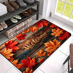 VIKAMA Vintage Wood Welcome Doormat Autumn Red Maple Leaf Non Slip Front Door Floor Mat Farmhouse Fall Harvest Home Decor Rug