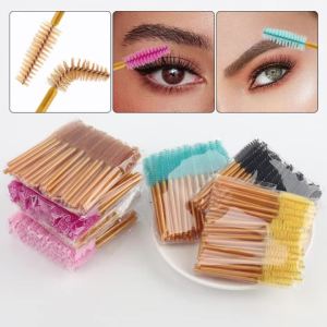 7.5cm Short Gold Handle Disposable Mascara Wands Mini Eyelash Spoolies Lash Brow Grooming Brushes Beauty Salon Tools