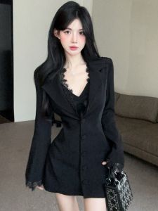 GUZILIAN | Shoulder Pad Suit Jacket Lace Insert Slimming Waist Black Top Trendy Korean Style Commute Pure Color Polyester Winter Fashion