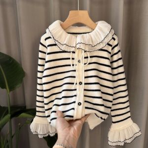 French Stripe Lace Collar Knitted Cardigan