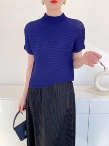 1036 #   One Size (45-75kg) Corn Kernel Summer Miyake Pleated Top Women Comfortable Casual T-Shirt Round Neck Short Sleeve High Elasticity