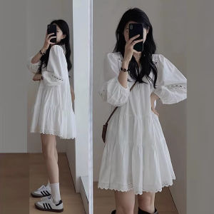 Spring Autumn Student Sweet Style Bubble Sleeve Shirt Dress Womens Long Sleeve mid Length Skirt Cotton Polyester Fabric V Neck