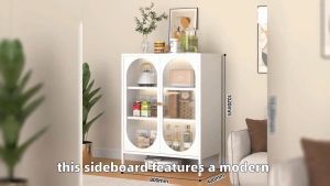 Tủ bếp hiện đại Bắc Âu Phòng ăn Phòng khách Tủ bếp màu trắng đen Cửa cong đôi trong suốt Tủ đựng đồ bằng thép