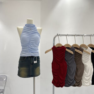 เสื้อกั๊กสั้นคอวีแขนกุดทรงเข้ารูปสไตล์เกาหลีสำหรับผู้หญิงในช่วงฤดูร้อนปี 2024 เสื้อกั๊กทรงเข้ารูปแบบใหม่พร้อมแผ่นเสริมหน้าอก