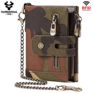 Oxford Wallet for Men RFID Blocking Credit Cards Holder Purse with Zipper Coin PurseClassic Biker Short Chain Portomonee