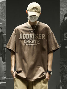 Loose Fit round Neck T-Shirt Short Sleeve Retro American Streetwear Vintage Letter Patch Print Heavyweight Summer Fashion Brand