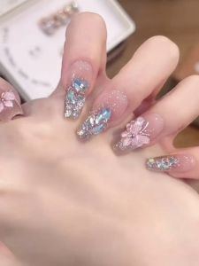 New 2024 Luxury Sparkling Diamond Nail Art Removable Butterfly Knot White Enhancing False Nails Patches Elegant Gentle Color