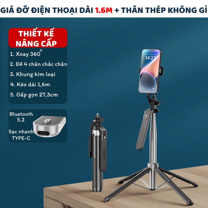 Gậy Chụp Ảnh 4 chân có đèn Led trợ sáng thế hệ mới, Gậy selfie chụp ...