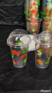 GELAS POP ICE/GELAS PLASTIK BENING/GELAS OZ/GELAS PLASTIK/GELAS BOBA/GELAS BUBBLE MOTIF BUAH UKURAN 14 OZ DAN 16 OZ 1 PAK ISI 50 PCS TERMURAH