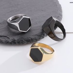 Trendy 316l Stainless Steel Shiny Black Ring Simplicity Irregular Hexagonal Mens Ring US size 7-12