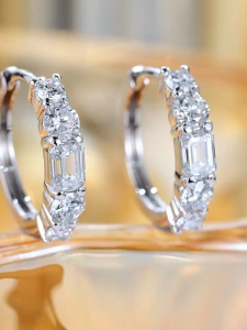 Queensun PT950  Lab Diamond Emerald Cut Full Diamond Hoop Earrings | Minimalist Luxury Hoop Studs | Daily Wear Sparkling Earrings | Rectangle Diamond Hoop Earrings | Lab Diamond Full Dia