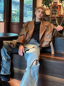 Áo Khoác Da Ngắn Cho Nam Mùa Thu Đông Có Đinh Tán Phong Cách Mỹ Cổ Điển Áo Khoác Da PU Trẻ Trung Thời Trang Thường Ngày