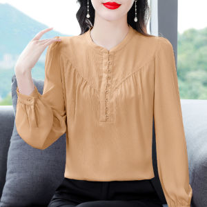 เสื้อเชิ้ตผ้าชีฟองแขนยาวหรูหราสำหรับผู้หญิง ฤดูใบไม้ร่วง 2025 เสื้อผ้าทำงานสไตล์ใหม่ที่หรูหรา เสื้อคลุมหน้าท้องสำหรับคุณแม่