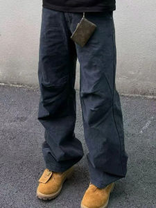 กางเกงทำงานย้อนยุคสไตล์อเมริกัน CleanFit กางเกงขายาวทรงตรงสำหรับผู้ชายและผู้หญิง ทรงหลวม สไตล์ลำลอง ทรงหลวม เอวยางยืด