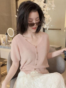 Pink V-Neck Ice Silk Short Sleeve Knitted Sweater Womens Summer Thin Outerwear Open Cardigan Small Size Top Female