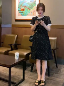 plus Size Black Polka Dot Chiffon Dress Women Summer Slimming Loose A-Line Midi Skirt Meat Covering Korean Style Commute Dress
