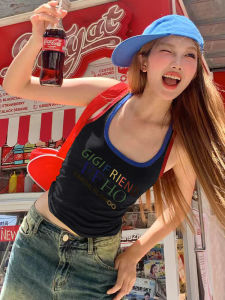 Pure Cotton American Retro Strap Vest Womens Color Block Print High Street Short Style Spicy Girl Top Fashionable Commute