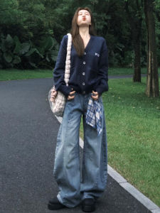 GenZ High Waist Wide Leg Jeans Womens Spring Autumn Removable Scarf Knife Edge Pants Slimming Floor Length Trousers