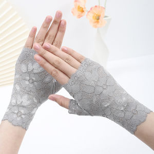 Summer lace half-finger sunscreen short gloves Womens thin bare fingers fingerless mid-long gloves driving breathable decoration