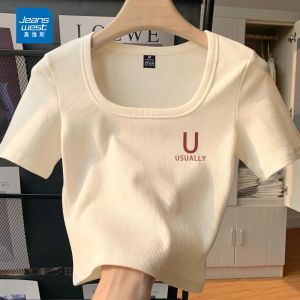 เสื้อยืดคอกว้างแขนสั้นทรงสลิมฟิตสำหรับผู้หญิง เสื้อผ้าทำงานสไตล์สตรีท ลายการ์ตูน คอเหลี่ยม แขนสั้น ฤดูร้อน 2025 Jeanswest