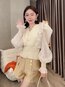 2023 Spring French Style Retro V-neck Patchwork Stringy Selvedge Knitwear Short Gentle Elegant Long Sleeve Top Women