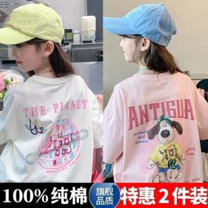 Pure Cotton Short Sleeve T-Shirt 2-Pack Kids Summer Fashionable Loose Top Cartoon Print Korean Style Girls Clothing