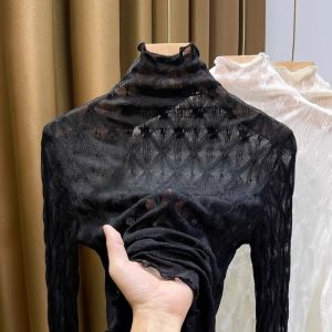 Fashionable Lace Trimmed Semi-high Collar Mesh Long Sleeve Top