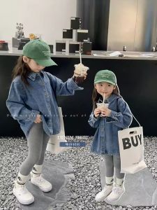 Cute Girls Denim Shirt Long Sleeve Spring Autumn Fashionable Childrens Top Cotton Polyester Blend Casual Style No Hat Included