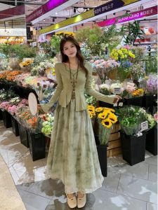 New Chinese Style Thin Long Sleeve Sun Protection Cardigan+Tube Top+Floral Half-length Skirt Womens Summer Fashion Set