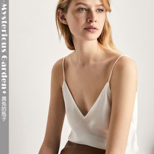 เสื้อกั๊กผ้าซาตินไหมคอวีสีขาวสำหรับใส่กลางแจ้ง ชุดชั้นในผ้าไหมสีขาว ชุดทำงาน ผ้าไหมสังเคราะห์ ฤดูร้อน สำหรับผู้หญิง